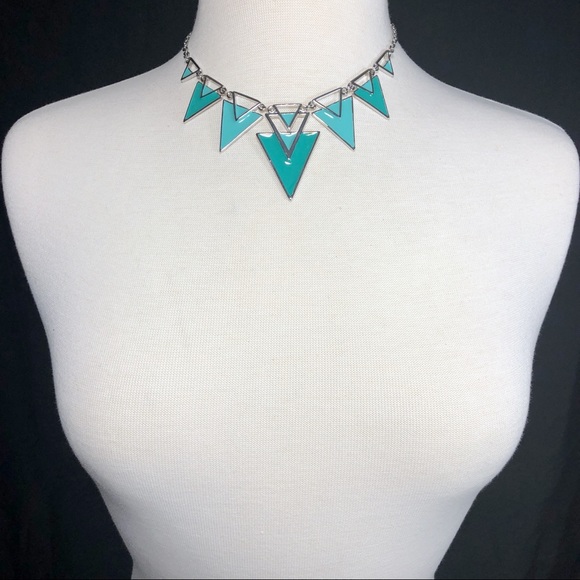 Aqua Blue Triangle Spike Flair Statement Silver Necklace Earrings Set - Picture 2 of 3